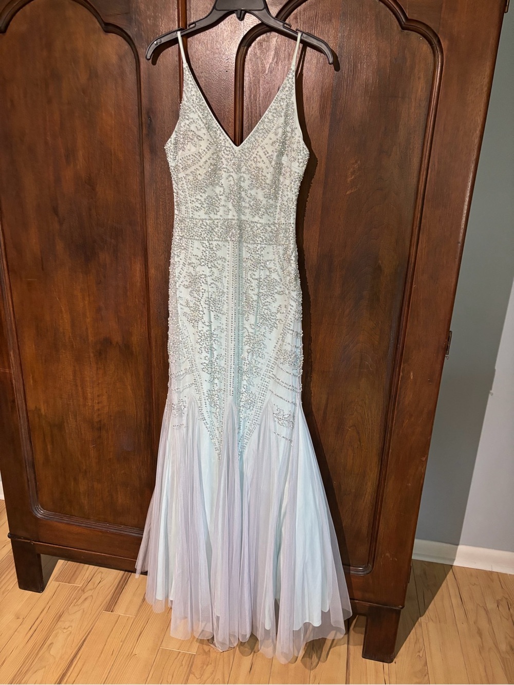 Xscape Beaded V-Neck Prom Gown in Light Blue and White